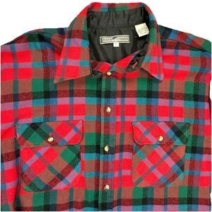 Vintage RIVER TRADER Acrylic‎ FLannel Brown Ivory Plaid Button Shirt Mens Large